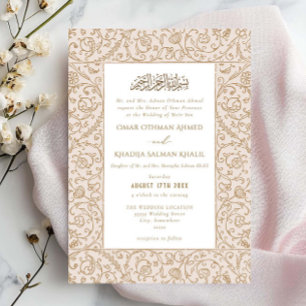 Convites Casamento Islâmico Muçulmano Creme e Dourado Flora