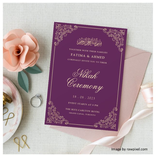 Convites Casamento Islâmico-Muçulmano Dourado Roxo (Criador carregado)