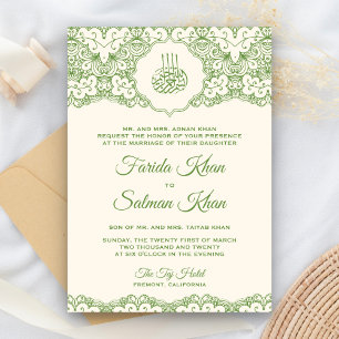 Convites Casamento Islâmico Muçulmano em Creme e Verde com