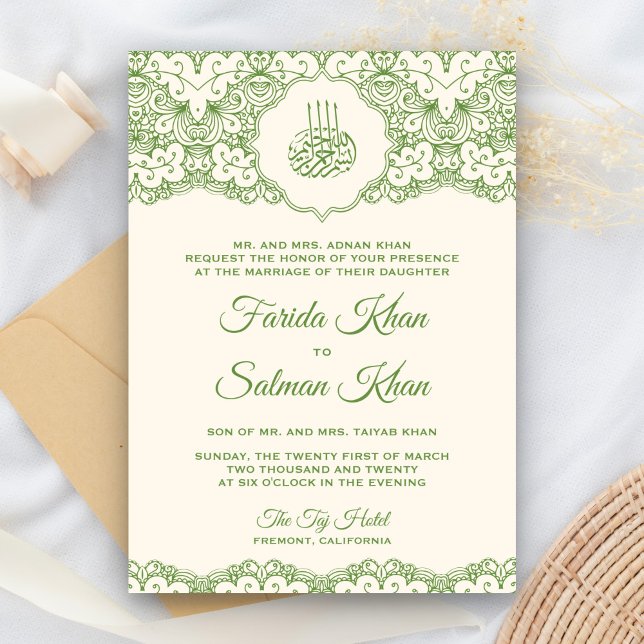 Convites Casamento Islâmico Muçulmano em Creme e Verde com  (Criador carregado)