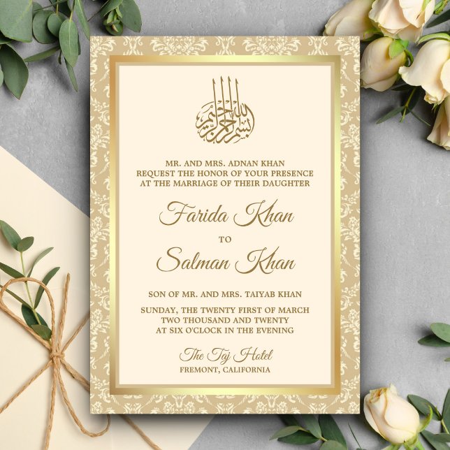 Convites Casamento Islâmico Muçulmano em Damasco Creme e Do (Criador carregado)
