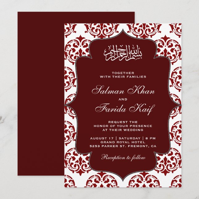 Convites Casamento Islâmico Muçulmano em Damasco Vermelho e (Frente/Verso)