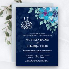Convites Casamento Islâmico Muçulmano Floral Azul Moderno à