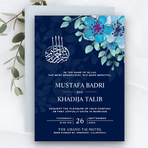 Convites Casamento Islâmico Muçulmano Floral Azul Moderno à