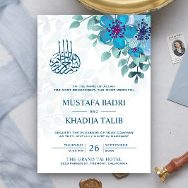 Convites Casamento Islâmico Muçulmano Floral Azul Oceano Mo