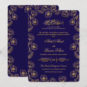 Convites Casamento Islâmico Muçulmano Floral Azul Real e Do