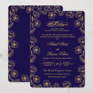 Convites Casamento Islâmico Muçulmano Floral Azul Real e Do