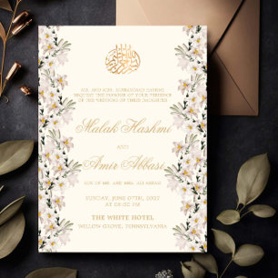 Convites Casamento Islâmico Muçulmano Floral Branco Dourado