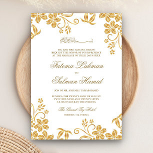 Convites Casamento Islâmico Muçulmano Floral Branco e Doura