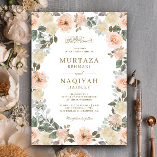 Convites Casamento Islâmico Muçulmano Floral de Pêssego Mod