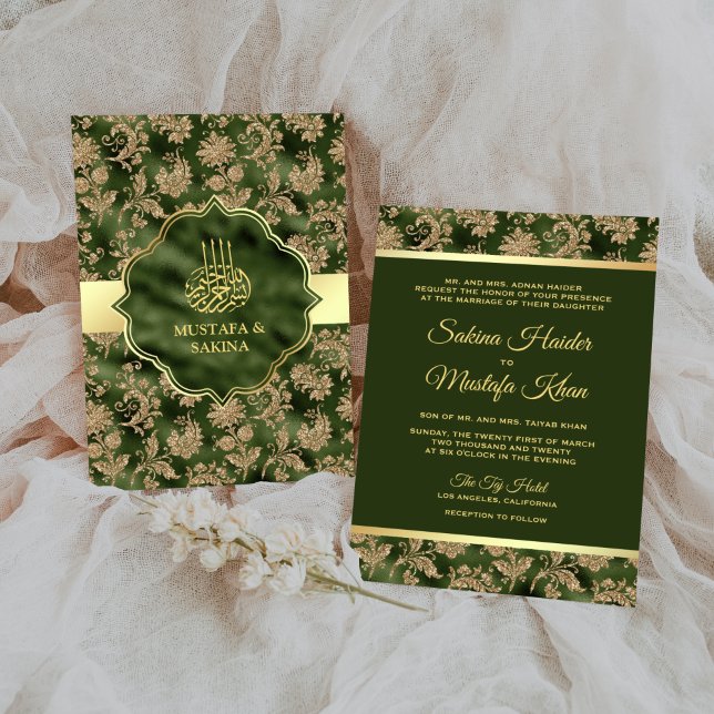 Convites Casamento Islâmico Muçulmano Floral Dourado Caçado (Criador carregado)