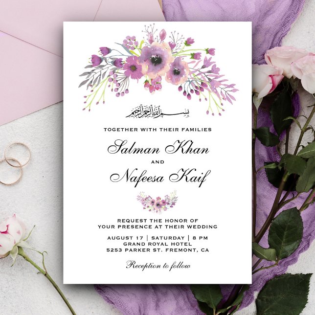 Convites Casamento Islâmico Muçulmano Floral Roxo Rústico (Criador carregado)
