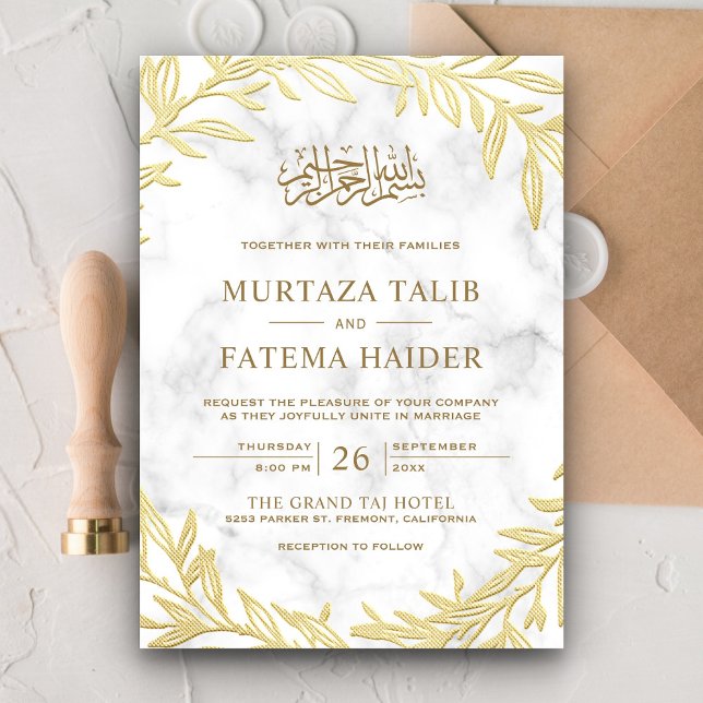 Convites Casamento Islâmico Muçulmano Folhas de Ouro Mármor (Criador carregado)
