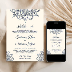 Convites Casamento Islâmico Muçulmano Mehndi Azul Creme