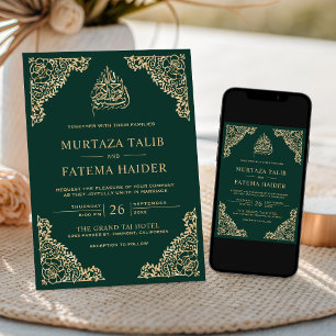 Convites Casamento Islâmico Muçulmano Ouro Esmeralda Ornado