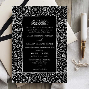 Convites Casamento Islâmico Muçulmano Preto Branco Floral V