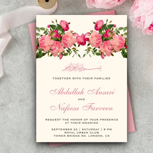 Convites Casamento Islâmico Muçulmano Rosas Cor-de-Rosa Rom (Criador carregado)