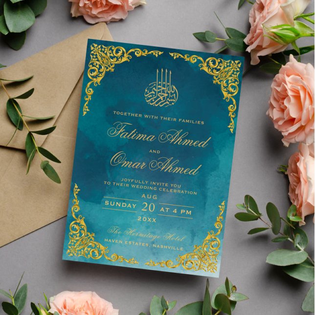 Convites Casamento Islâmico Muçulmano Turquesa Bordado Chic (Criador carregado)