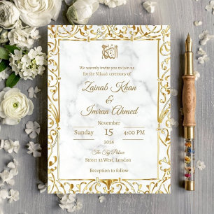Convites Casamento Islâmico Nikah com Renda Dourada e Mármo