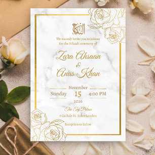 Convites Casamento Islâmico Nikah Mármore Branco Rosa Doura