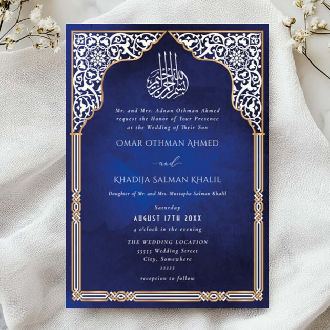 Convites Casamento Islâmico Ouro & Azul Arco Ornado Arabesc (Criador carregado)