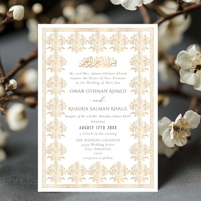 Convites Casamento Islâmico Ouro Romântico Antigo Ornamenta (Criador carregado)
