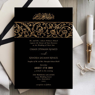 Convites Casamento Islâmico Preto Dourado Floral de Luxo