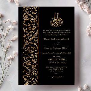 Convites Casamento Islâmico Preto e Dourado Floral Ornate C