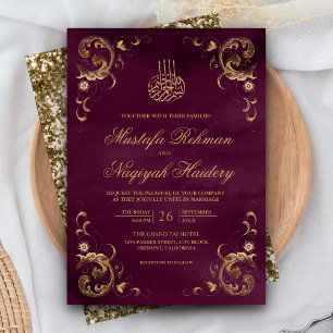 Convites Casamento Islâmico Roxo Púrpura de Prata, Dourado 