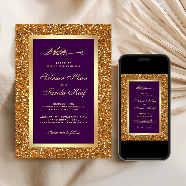 Convites Casamento Islâmico Roxo-Roxo-Dourado com Lápis (Criador carregado)