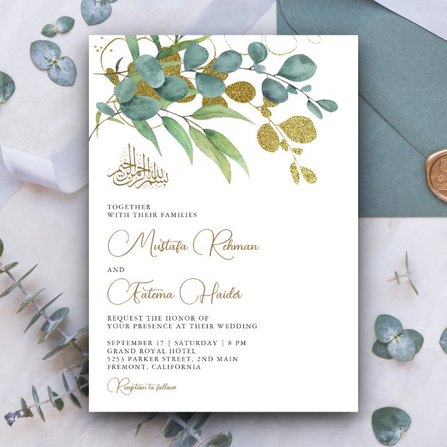 Convites Casamento Islâmico Rustic Eucalyptus Dourado Branc (Criador carregado)