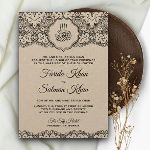 Convites Casamento Islâmico Rústico Kraft com Renda Preta V