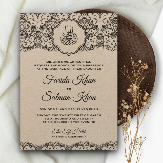 Convites Casamento Islâmico Rústico Kraft com Renda Preta V (Criador carregado)