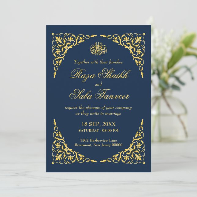 Convites Casamento Islâmico Safira Azul-Marinho (Em pé/Frente)