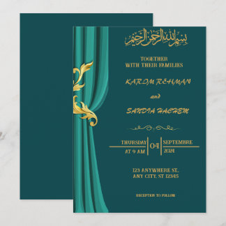 Convites Casamento Islâmico Verde Emerald, Dourado antigo