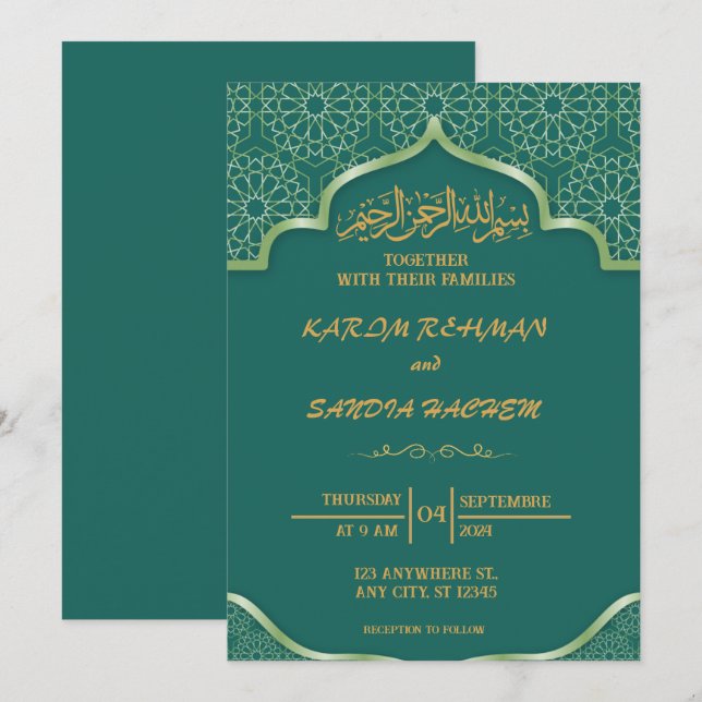 Convites Casamento Islâmico Verde Emerald, Dourado antigo (Frente/Verso)