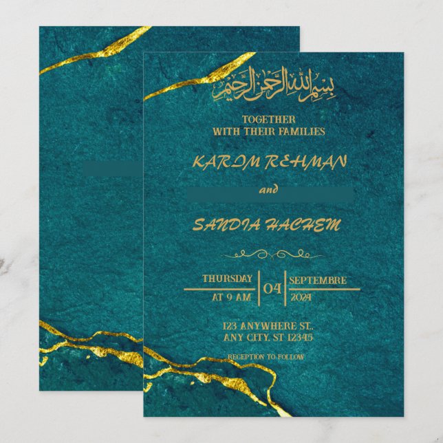 Convites Casamento Islâmico Verde Emerald, Dourado antigo (Frente/Verso)