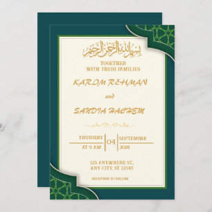 Convites Casamento Islâmico Verde Emerald, Dourado antigo