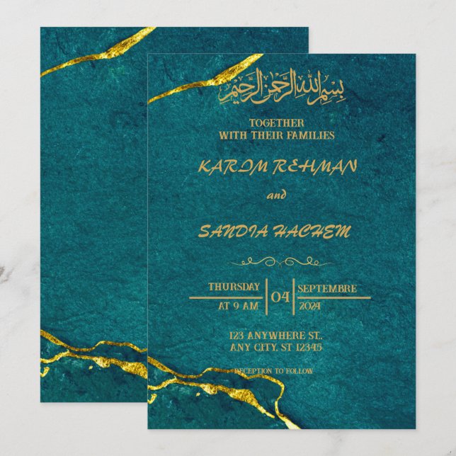Convites Casamento Islâmico Verde Emerald, Dourado antigo (Frente/Verso)