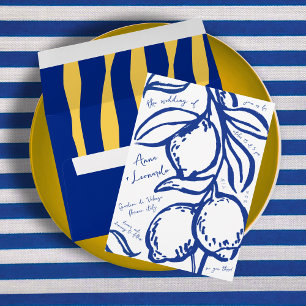 Convites Casamento Italiano Azul Desenhado à Mão Retro