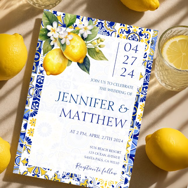 Convites Casamento Italiano com Azulejos Azuis de Limão do  (Mediterranean Lemon Blue Tiles Italian Wedding Invitation)