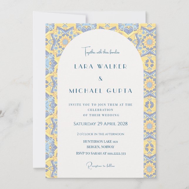 Convites Casamento Italiano com Azulejos Tripes Amarelos e  (Frente)