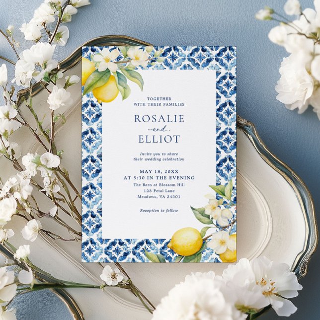 Convites Casamento Italiano com Limão Azul Azulejo (Criador carregado)