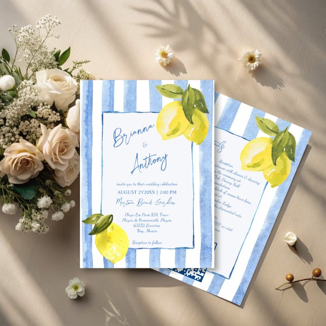 Convites Casamento italiano das listras azuis de Handrawn (Handrawn blue stripes lemons Italian wedding Invitation cards with RSVP template instant download)