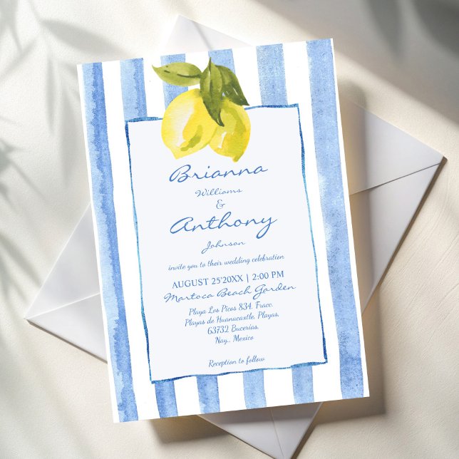 Convites Casamento italiano das listras azuis de Handrawn (Handrawn blue stripes lemons Italian style wedding Invitation cards template instant download)