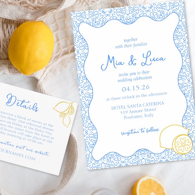 Convites Casamento italiano de Azulejo azul-limão-mediterrâ (Luxe Italian wedding invitation featuring a lemon detail, perfect for a Mediterranean celebration.)