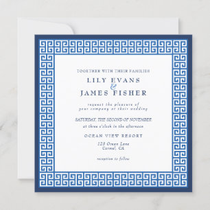 Convites Casamento Itálico da Chave Grega Azul do Mediterr