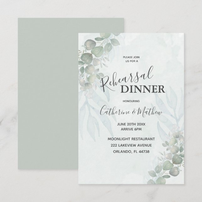 Convites Casamento Jantar de Ensaios Verde Eucalipto Rústic (Frente/Verso)