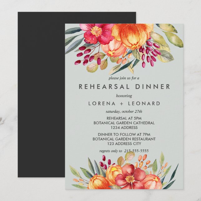 Convites Casamento JANTE REHEARSAL Moderno das Flores Pinta (Frente/Verso)