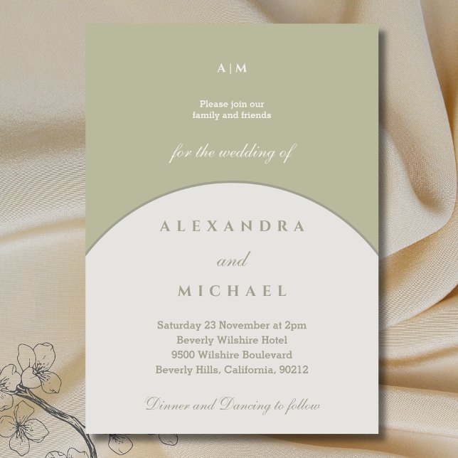 Convites Casamento Japandi Minimalista do Monograma Verde S (Criador carregado)